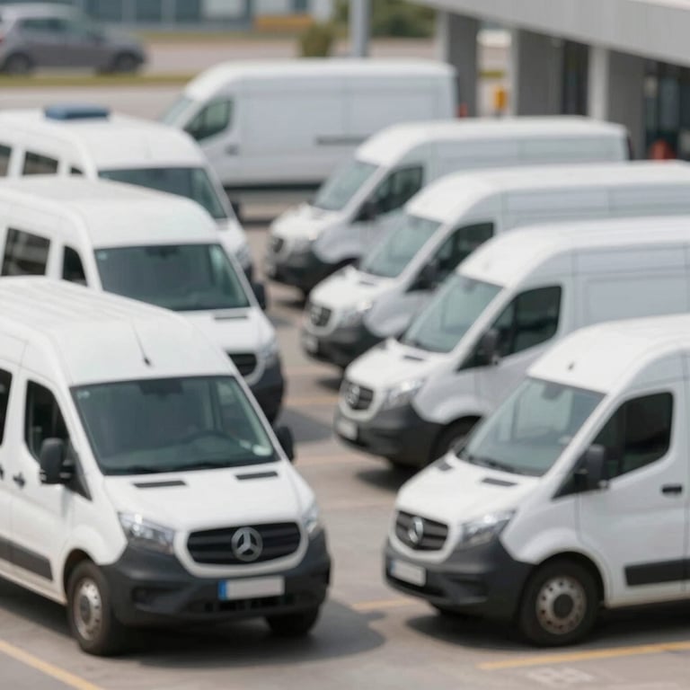 Symmetrical row of white transport vans parked at a terminal, clean and modern aesthetic.