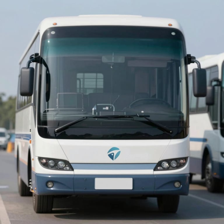 Front view of a sleek, modern transport unit with the logo visible, showcasing the modern fleet in #3F5B6F.
