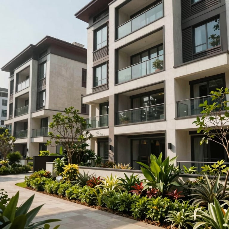 The exterior of a contemporary residential complex with lush landscaping in a South Asian / Indian urban setting.