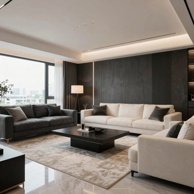 A wide-angle shot of a luxurious modern apartment living room in Noida, featuring charcoal and off-white accents.