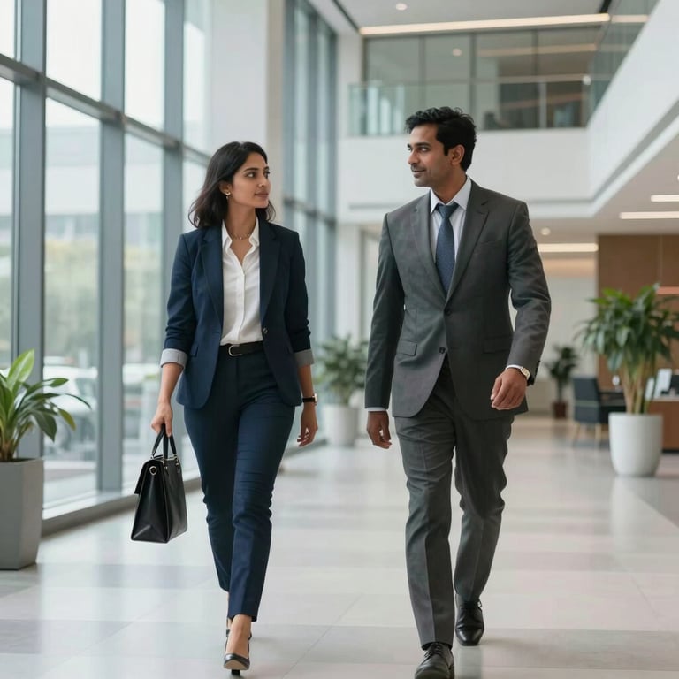 Professional South Asian / Indian consultants walking through a bright, modern office lobby with high glass walls.