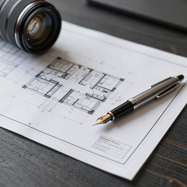 A close-up of high-end architectural blueprints and a fountain pen on a dark charcoal wood desk.
