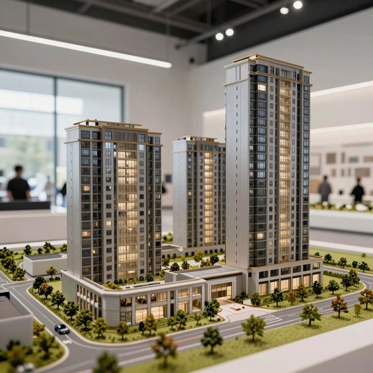A detailed shot of a scale model for a new commercial real estate project, presented in a bright, clean gallery space.