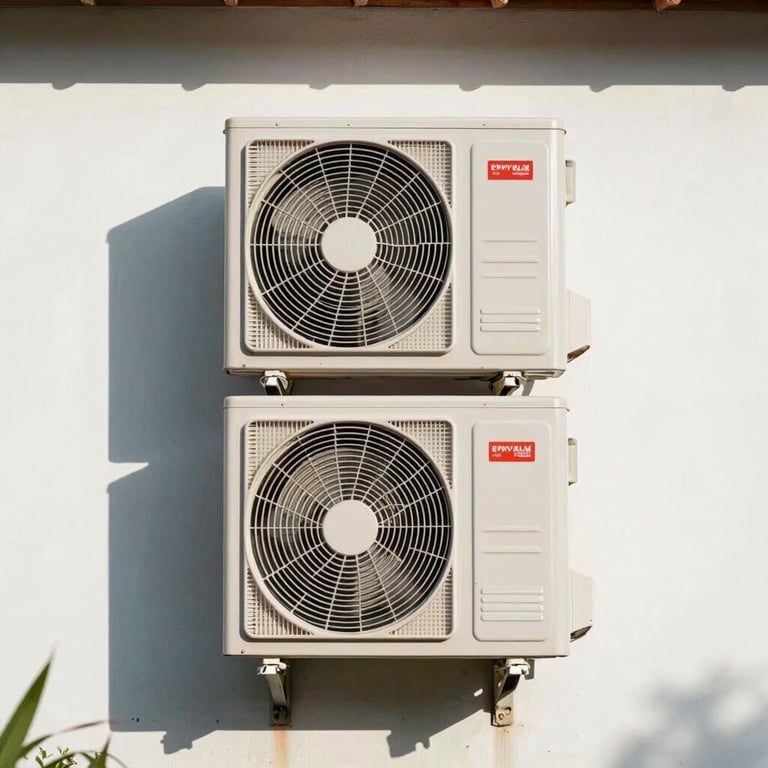 An outdoor condenser unit installed perfectly straight on a white wall under the South American sun.