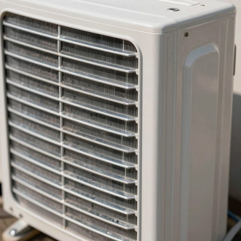 Macro shot of clean aluminum fins on an air conditioner unit, shimmering under bright light.