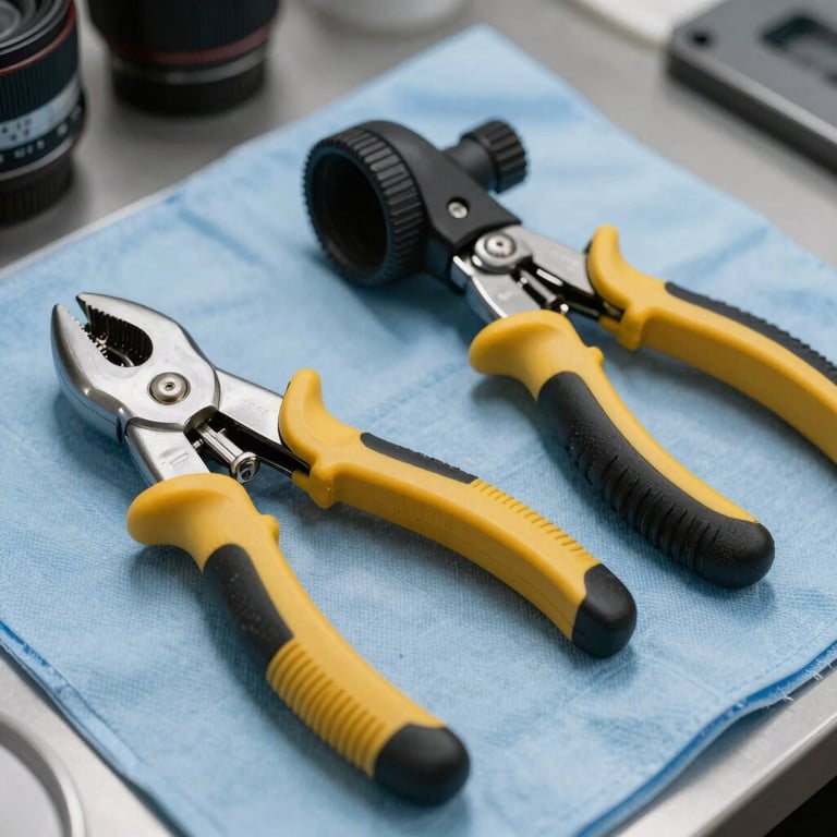 Professional tools and cleaning equipment organized neatly on a light blue cloth.