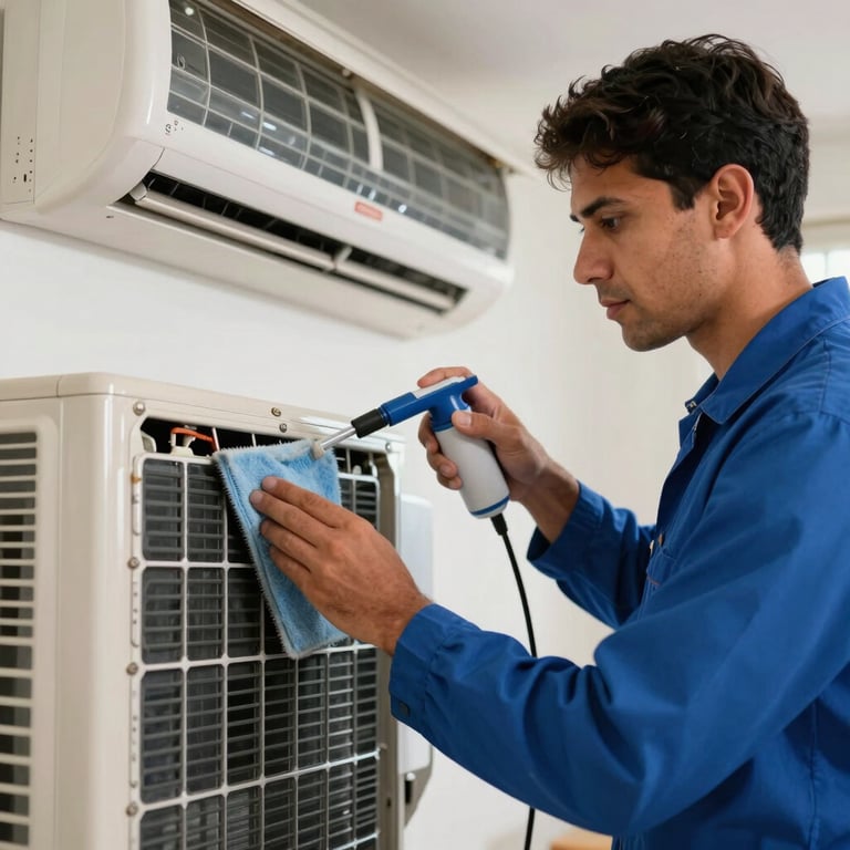 A technician in a blue uniform carefully cleaning the internal evaporator of a split AC unit with a specialized spray, South American / Brazilian home.