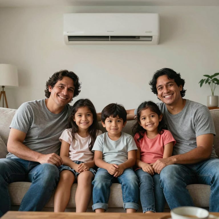 Happy South American family relaxing on a couch in a living room with a modern AC unit visible in the background.