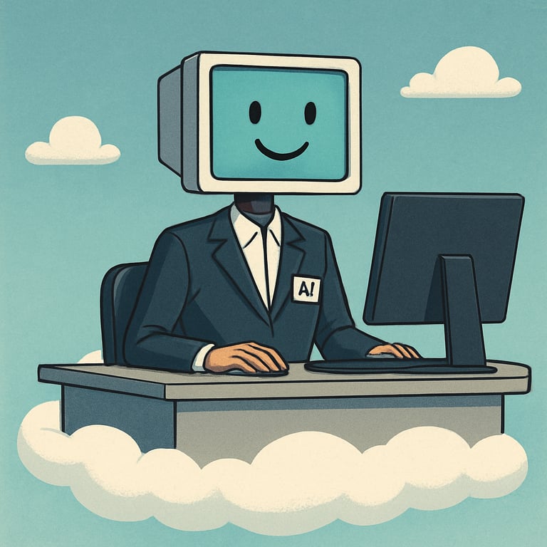 White rounded card titled 'AI Chatbots' with sky blue text on a sky blue background featuring a cloud photo.