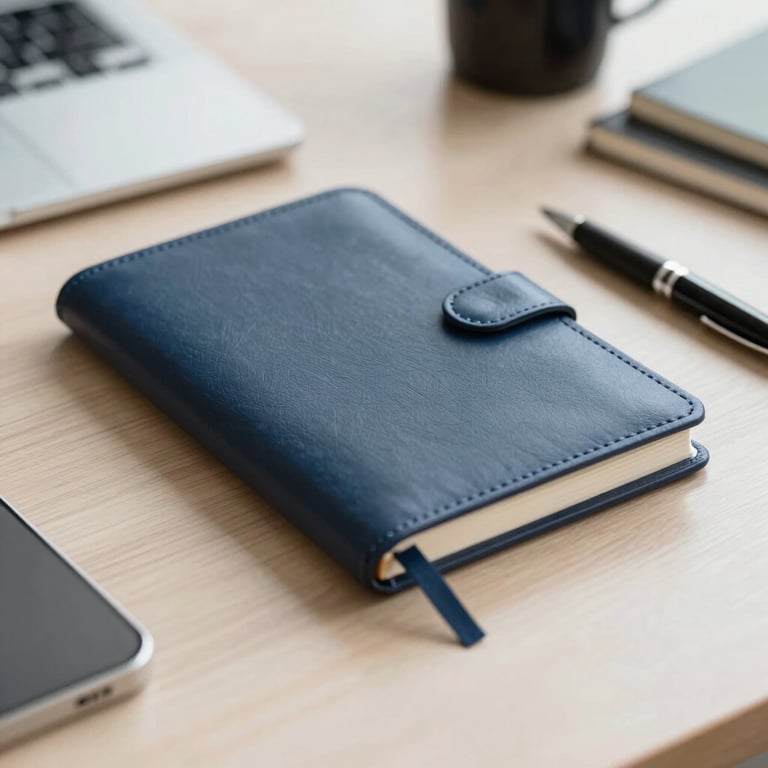 A sharp, focused image of a designer's desk featuring a leather-bound journal and a high-end pen, suggesting precision and planning, with a palette of #1B263B and #E0E1DD.