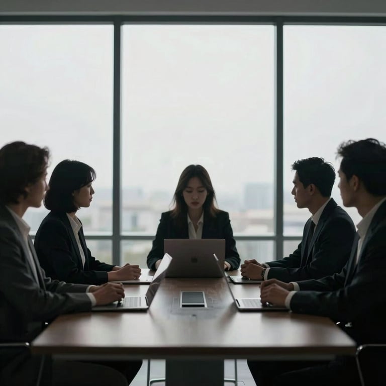 A professional, forward-thinking team collaboration scene in a glass-walled meeting room, silhouettes against a bright, clean background of #E0E1DD.
