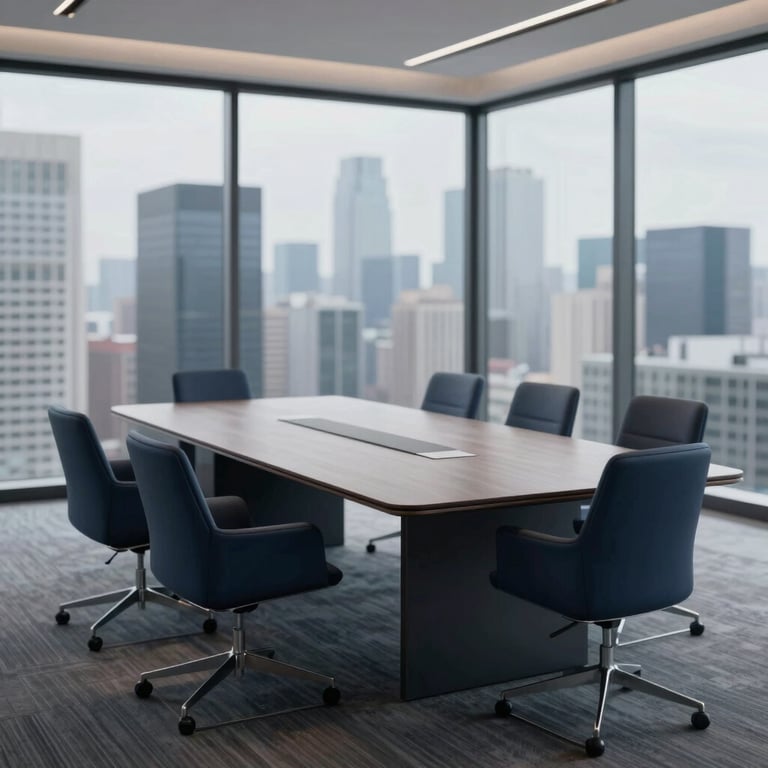 A high-angle shot of a minimalist, luxury boardroom table in a high-rise office, overlooking a city skyline with deep navy #0D1B2A accents and soft, professional lighting.