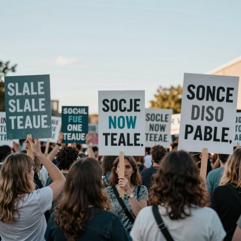 A wide shot of a community gathering with people holding signs of social advocacy, captured in soft daylight. Colors include Muted Slate Teal and Dusty Silver.