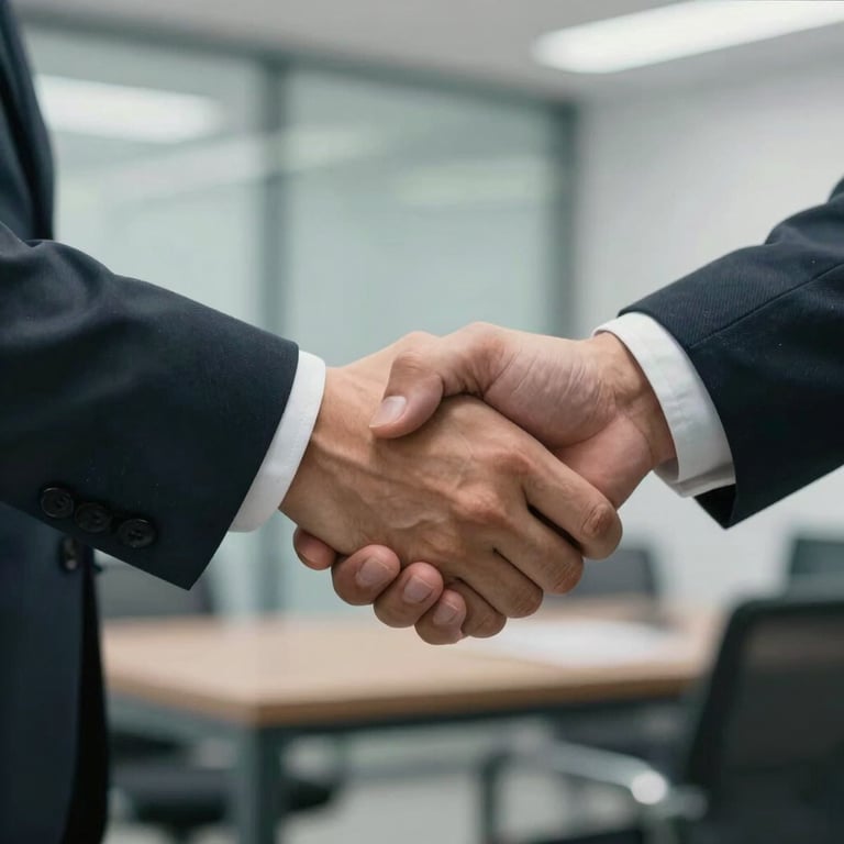 A close-up of a professional handshake between two people in an office setting. Colors: Dark Charcoal Teal suit sleeves and Pale Mist shirt cuffs.