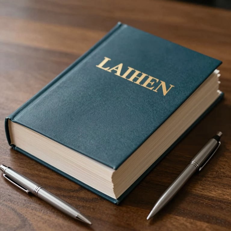 A stack of law reports on a wooden desk next to a silver pen. Professional and authoritative atmosphere. Colors: Dark Charcoal Teal, Pale Mist.