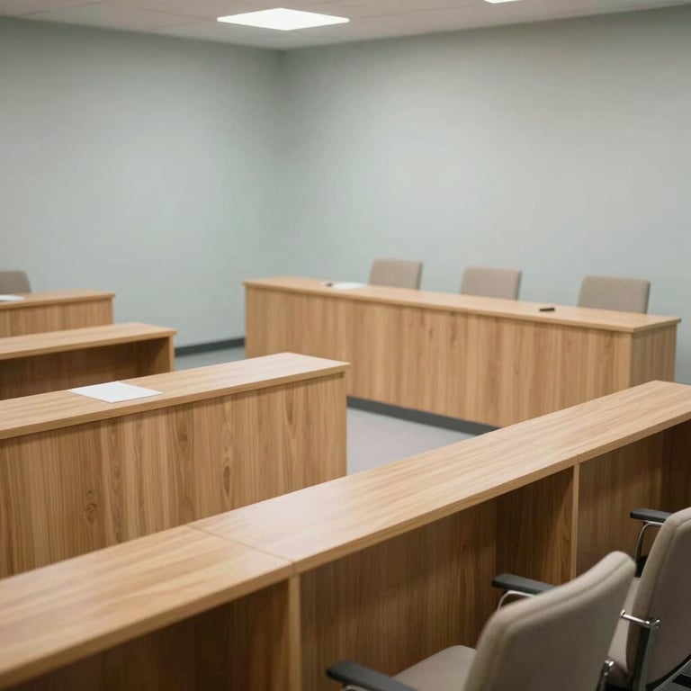 A view of an empty, modern courtroom with light wood furniture and Pale Mist walls. High-angle photography.