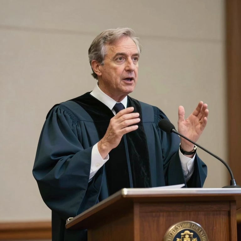 A candid shot of a lawyer speaking passionately at a small community podium. The palette is dominated by Dark Charcoal Teal and Dusty Silver.