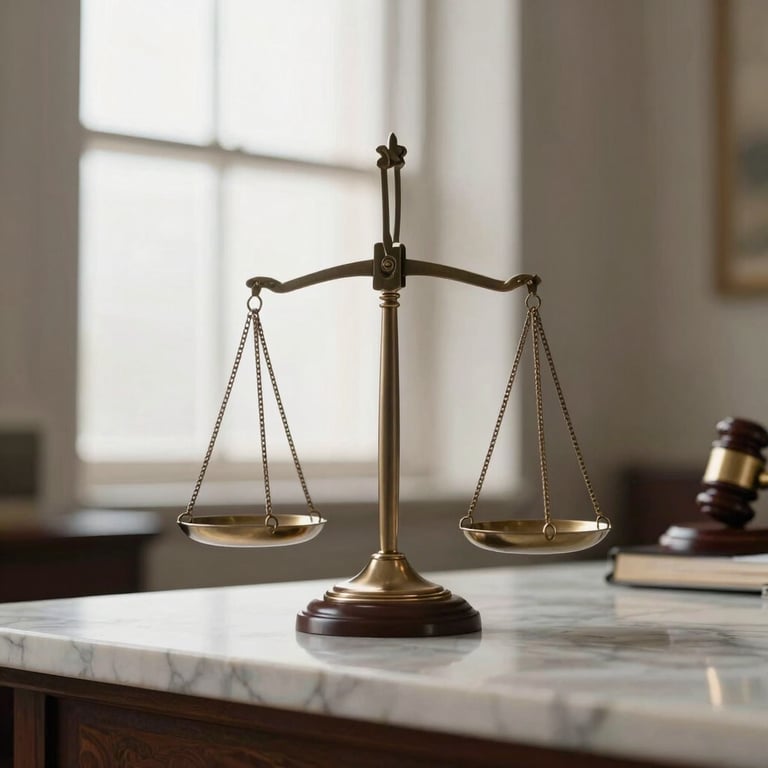 The scales of justice positioned on a marble desk, softly illuminated by window light. Style is minimalist and principled.