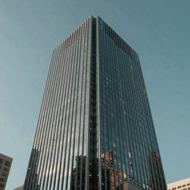 Exterior of a modern glass skyscraper in a North American metropolis under a clear Dusty Blue sky.