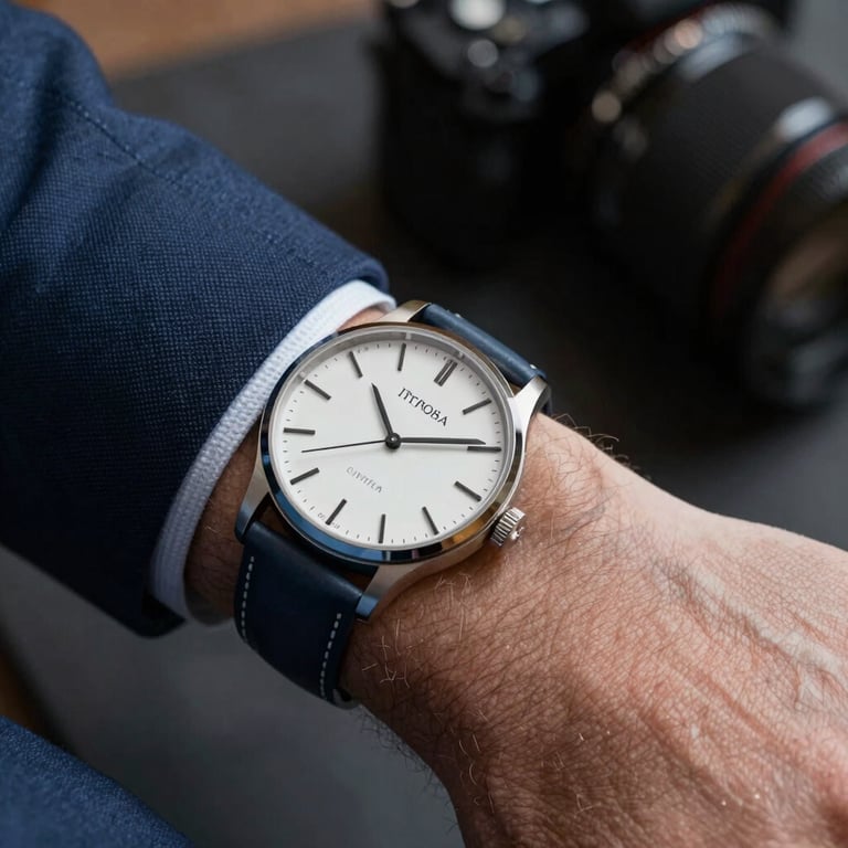 Close-up of a high-end minimalist wristwatch on a professional's wrist, resting on a Slate Blue suit sleeve.