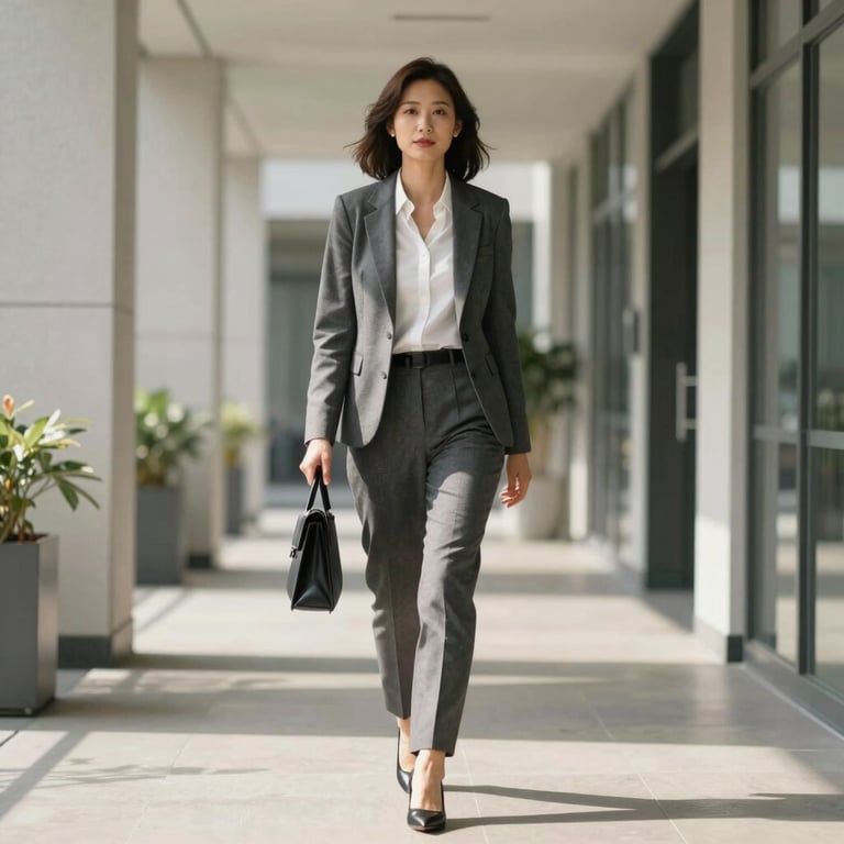 An elegantly dressed professional walking through a sun-drenched corporate corridor, conveying confidence and approachability.