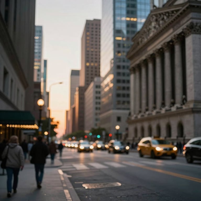 A blurred, bokeh-style background of a bustling North American financial district at sunset, featuring hints of Dark Navy and gold light.