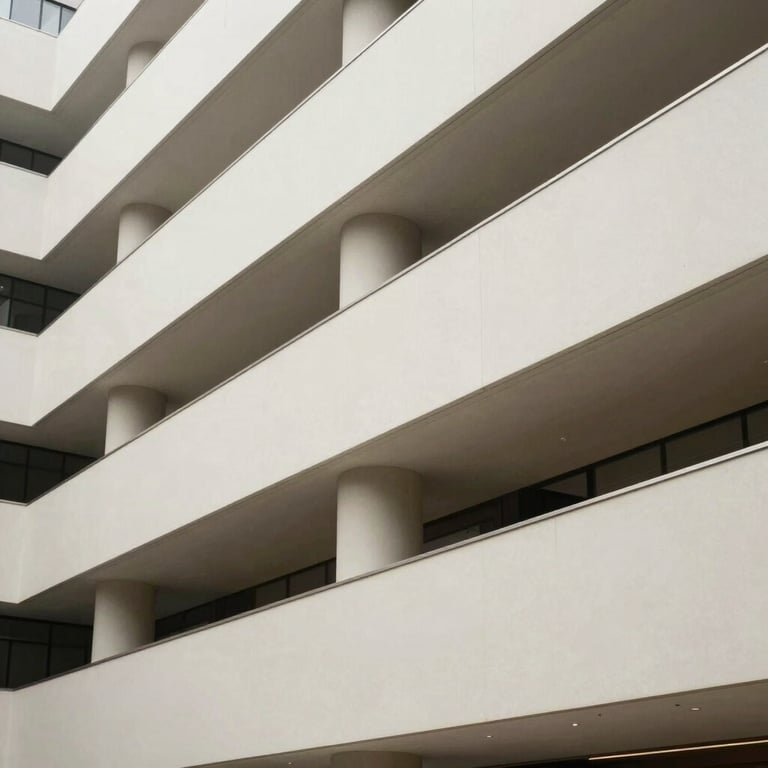 Abstract architectural shot of a contemporary office building lobby with sharp lines and Off-white surfaces.