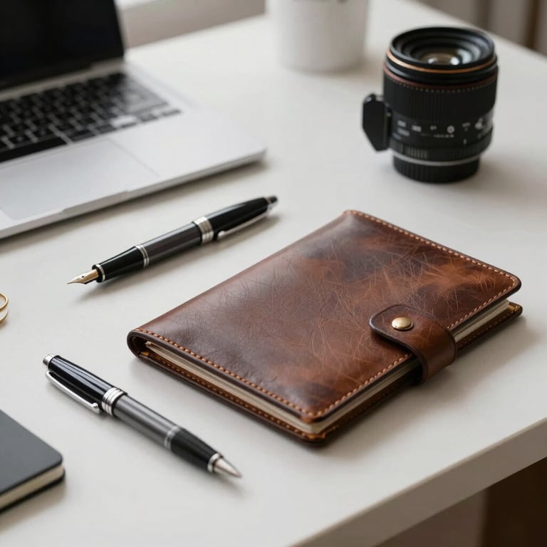 A minimalist home office setup with a high-end fountain pen and a leather-bound portfolio in a sophisticated North American setting.