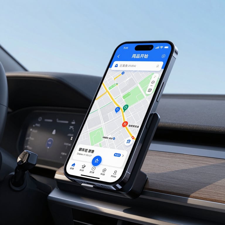 Close up of a smartphone with a delivery map open on a car mount, Sky Blue interface colors, modern car interior, sharp focus on the screen.