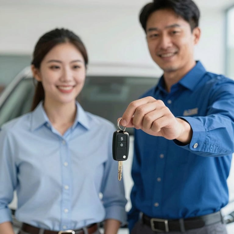 A professional fleet manager handing car keys to a smiling driver, focus on the keys, soft natural light, Sky Blue and Ocean Blue clothing colors.
