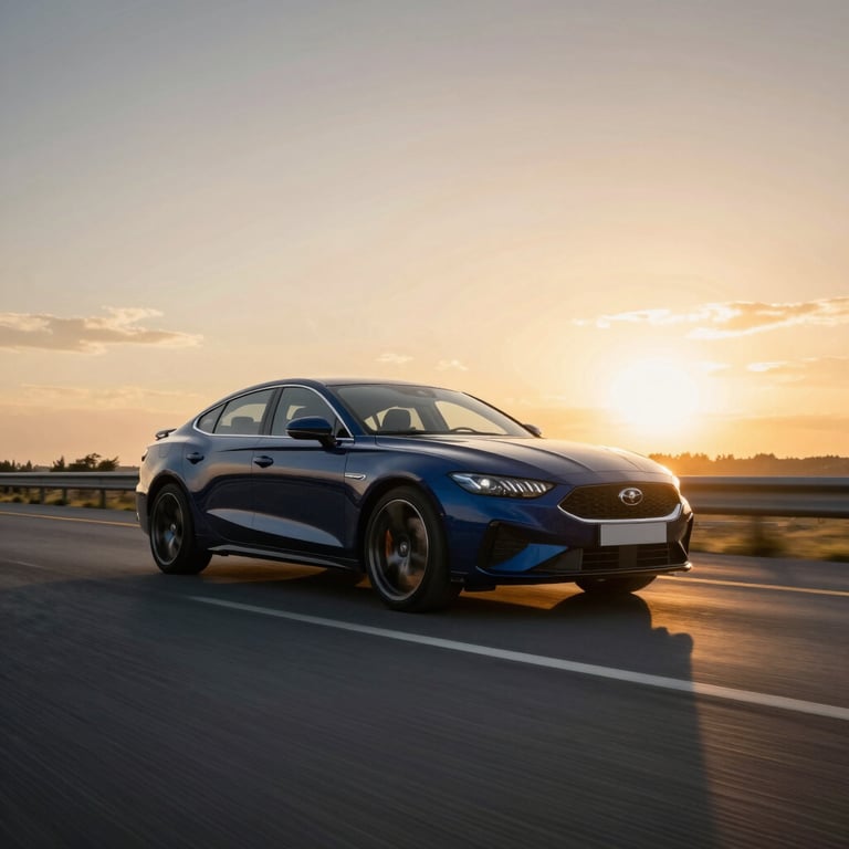 Sleek dark blue car driving on a smooth highway at sunset, cinematic lighting with Deep Navy shadows and golden highlights.