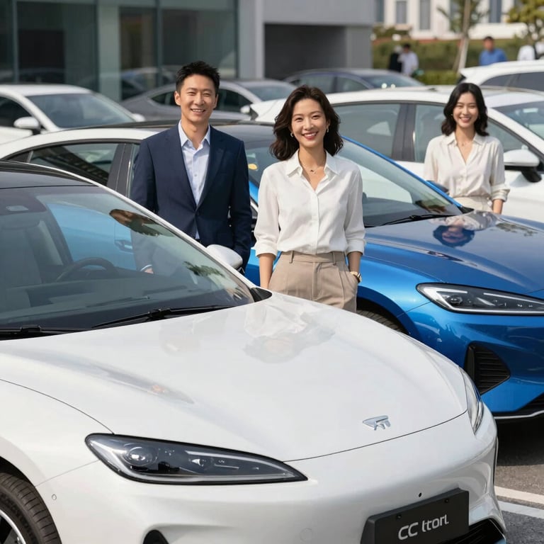 A group of diverse drivers smiling next to their modern white cars, urban backdrop, Pearl White and Ocean Blue tones, bright and optimistic mood.