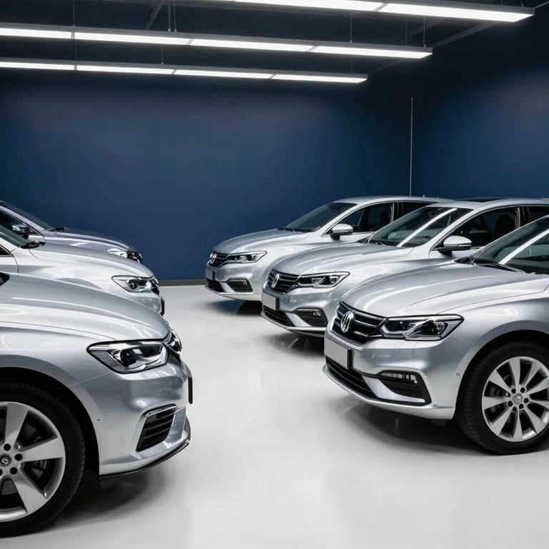 A clean, professional garage bay with silver cars lined up for inspection, Pearl White floor, Deep Navy walls, bright industrial lighting.