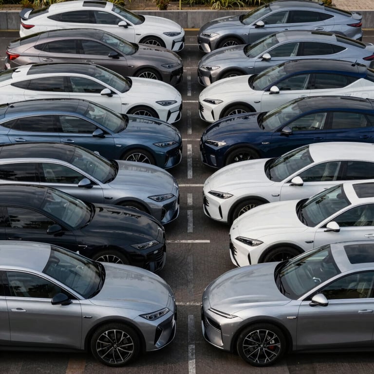 Wide shot of a fleet of modern silver and white cars parked in a perfect grid, symmetrical composition, daylight, Deep Navy accents on the vehicles.