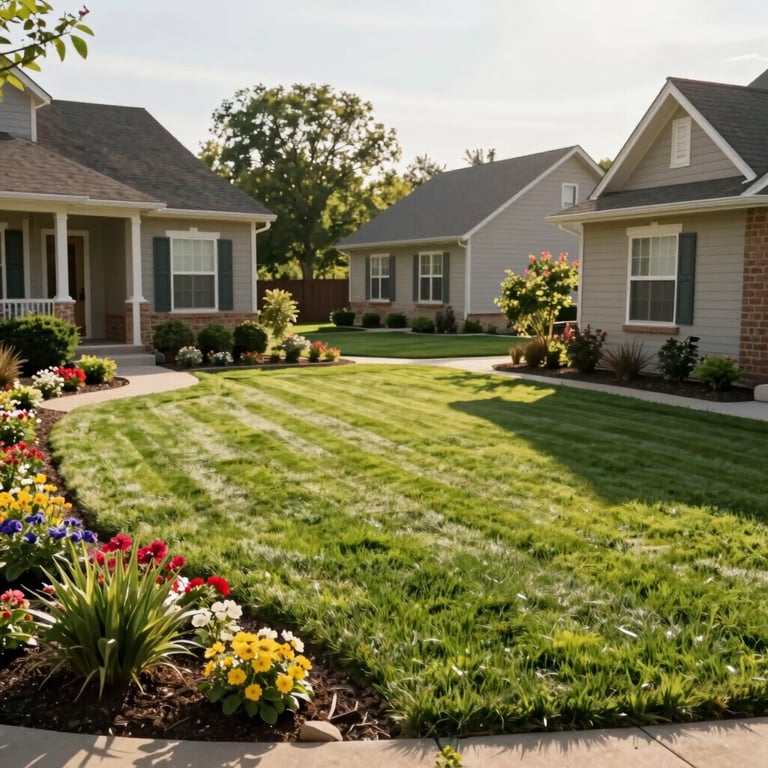A beautifully landscaped North American suburban backyard with a perfectly mowed lawn and neat flower beds under bright afternoon sunlight.