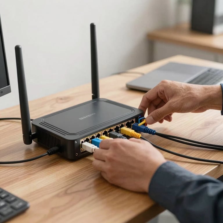 A technician neatly organizing network cables and setting up a modern wireless router on a clean wooden desk in a North American home office.