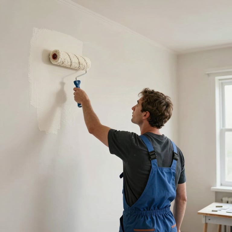 Medium shot of a professional painter using a roller to apply off-white paint to a smooth interior wall in a modern, well-lit home.
