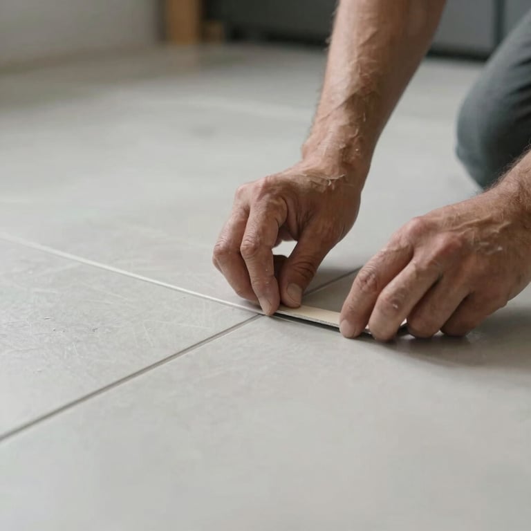 Close-up photography of professional tile installation on a kitchen floor, showing precise alignment and clean light grey grout lines.