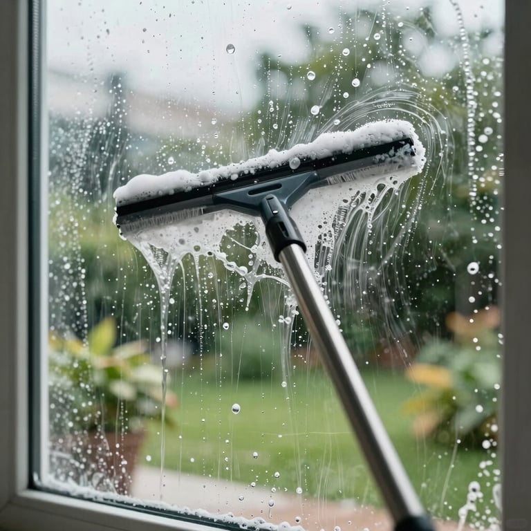 Action shot of a squeegee clearing soapy water from a large glass window, showing a crystal-clear view of a green garden outdoors.