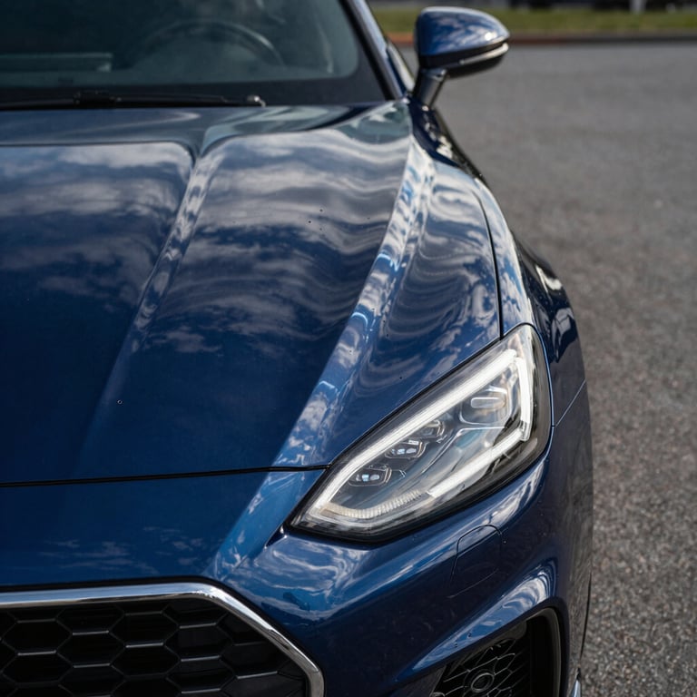 Close-up of a high-end dark blue car reflecting the bright sky after a professional detailing and waxing service in a paved driveway.