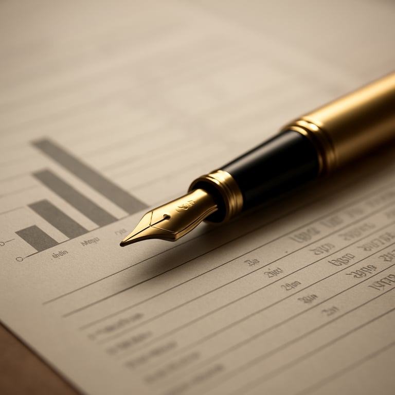 A high-quality shot of a gold-colored fountain pen resting on a financial contract, symbolizing professional trust and growth.