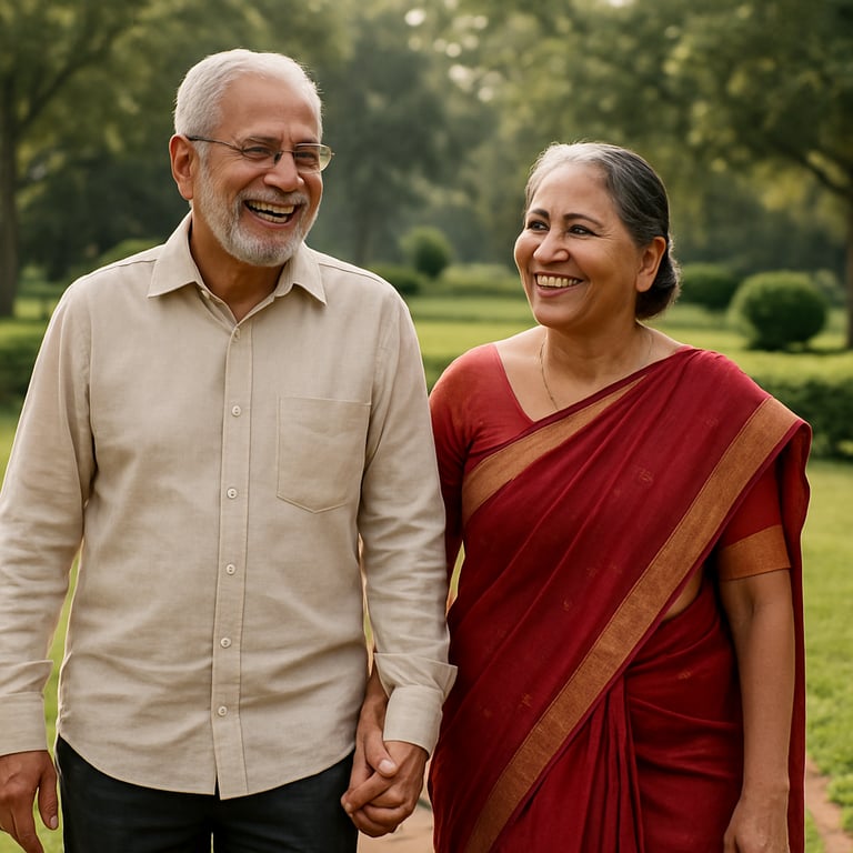 An elderly South Asian / Indian couple walking happily in a manicured green park, symbolizing a successful retirement plan.