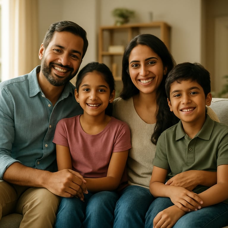 A happy South Asian / Indian family of four sitting together on a sofa in a sunlit, modern living room, representing life insurance security.