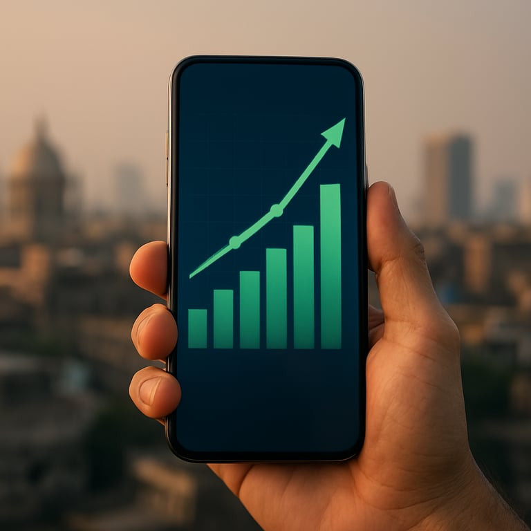A close-up of a hand holding a modern smartphone showing a financial growth app, with a blurred Indian city skyline in the background.
