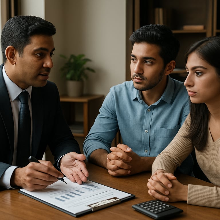A professional consultation session where a South Asian / Indian advisor is explaining wealth planning to a young professional couple.