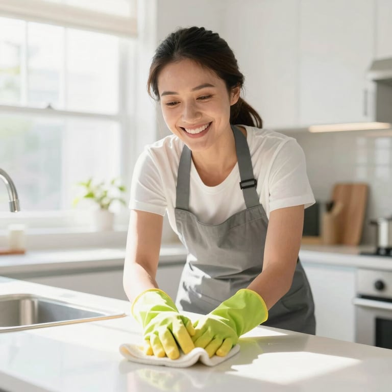 Bright high-key photography of a smiling professional female cleaner wiping down a counter in a sunlit Cincinnati kitchen, natural daylight, 35mm
