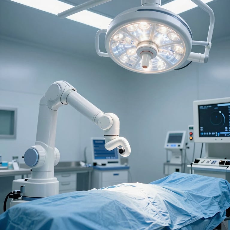 A sterile and advanced surgical operating room in a French clinic, featuring state-of-the-art robotic equipment and focused blue and white lighting.