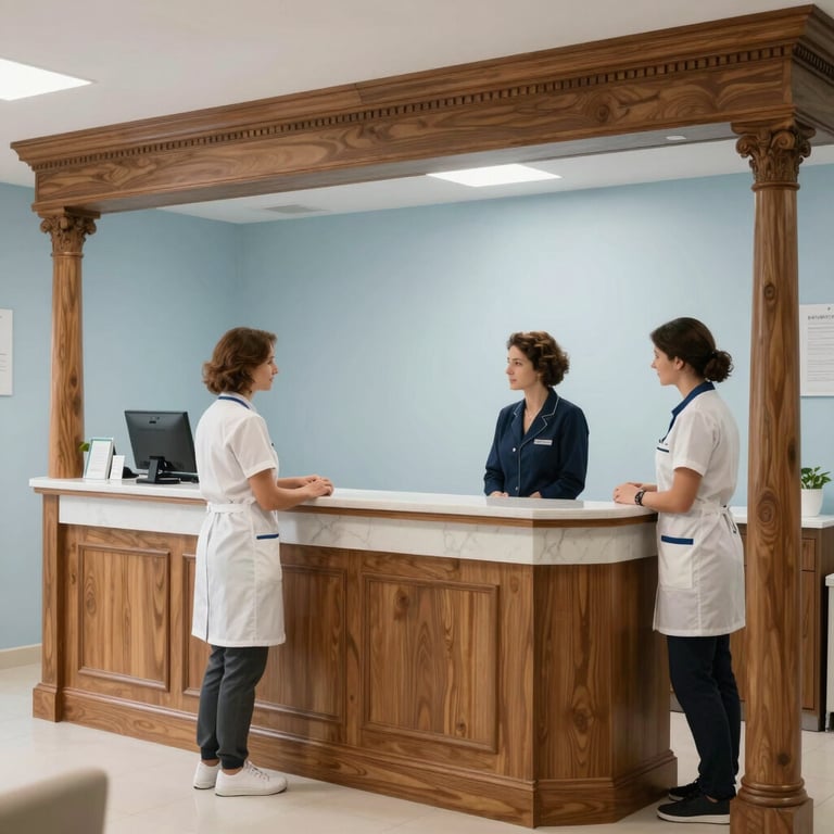 The welcoming reception area of the clinic, with elegant wooden accents, clean light blue walls, and professional staff in a Western European / French setting.