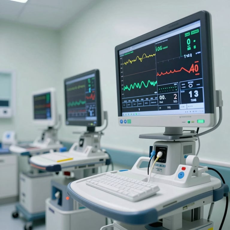 A cardiological monitoring station with multiple screens showing health vitals, set in a clean, modern, and high-tech medical environment.