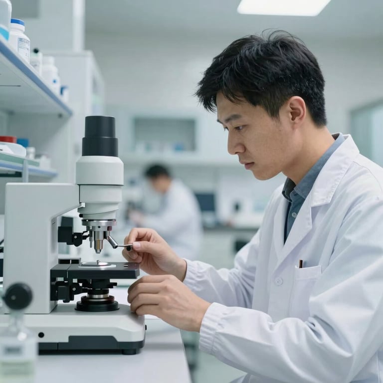 A focused lab technician in a white coat working with high-precision instruments in a bright, modern biological medical laboratory.
